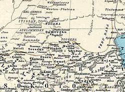 Saksalainen kartta vuodelta 1891. Kanem-Bornun ja Sokoton vasallien raja on merkitty keltaisella viivalla. Damagaramin pääkaupunki Zinder (kirjoitettu ”Sinder”) on aivan kartan keskellä ja merkitty Bornun vasalliksi.