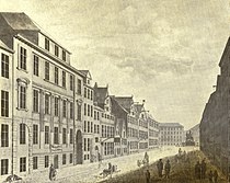 Het Waagepetersen Huis aan de Store Strandstræde (uiterst links, circa 1830)