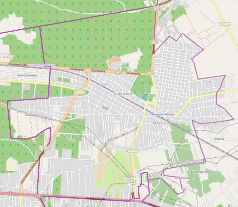 Mapa konturowa Sulejówka, blisko centrum u góry znajduje się punkt z opisem „Wojskowy Instytut Techniki Pancernej i Samochodowej”