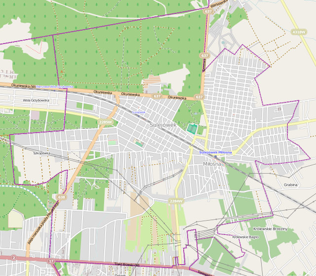 Mapa konturowa Sulejówka, po prawej znajduje się punkt z opisem „Kościół Przemienienia Pańskiego w Sulejówku”