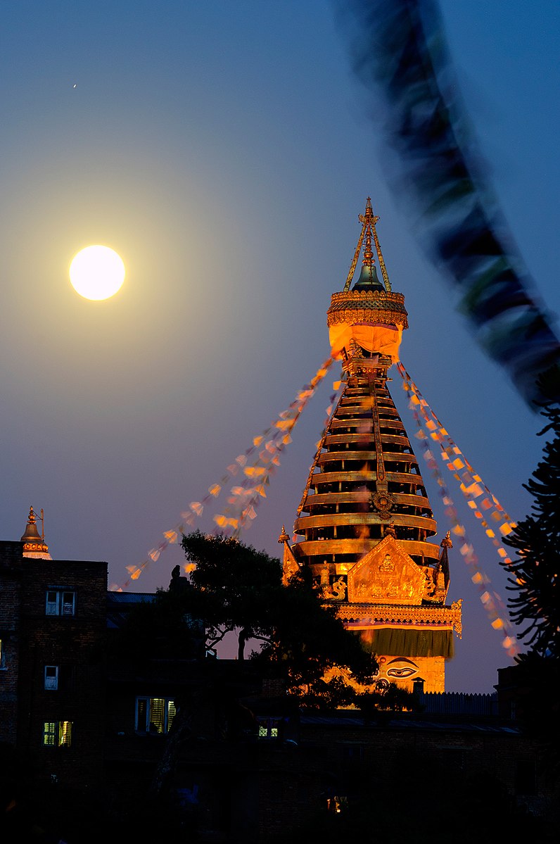 A view of ancient religious complex atop a hill in the Kathmandu Valley Swayambhunath during Baisakh Purnima UNESCO World Heritage Sites. Photograph: Karandesar Licensing: CC-BY-SA-3.0