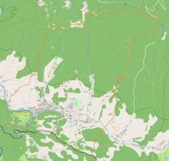 Mapa konturowa Szczawnicy, blisko centrum na dole znajduje się punkt z opisem „Szczawnica, Sanatorium „Świerki””