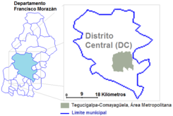 Mapa del área de Tegucigalpa y Comayagüela, ciudades gemelas que componen el Distrito Central de Honduras.