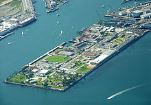 Aerial photograph of Reservation Point on Terminal Island, with the prison in the top right, above the Coast Guard base Terminal-Island.jpg