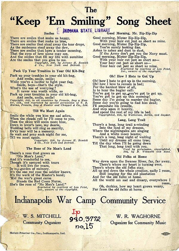 The "Keep 'Em Smiling" song sheet produced by the Indianapolis War Camp Community Service in 1917/18, including "Pack Up Your Troubles in Your Old Kit