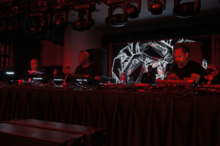 The Belleville Three performing at the Detroit Masonic Temple in 2017. From left to right: Juan Atkins, Kevin Saunderson, and Derrick May The Belleville Three at The Detroit Masonic Temple 2017 2.png