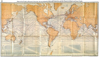 Chart of the World on Mercator's Projection, stowing Submarine Cables and Connections, and also Tracks for full-powered Steam Vessels.