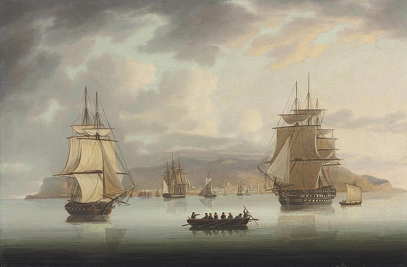 File:Thomas Buttersworth - Funchal Roadstead, H.M.S. Blenheim with Greyhound and Harrier Outward Bound, 1805 NYR 2012.jpg