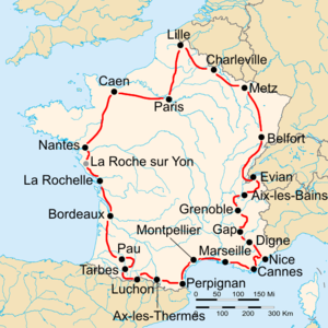 Route of the 1934 Tour de France followed clockwise, starting in Paris