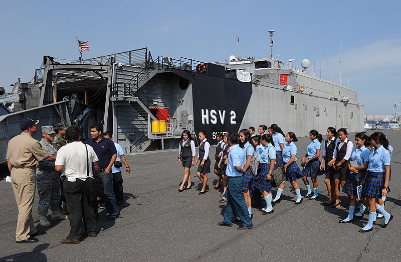 File:US Navy 110207-N-7589W-012 Students and faculty from Colegio Liceo Alpha ^ Omega approach the High Speed Vessel Swift (HSV 2) for a tour as part of.jpg