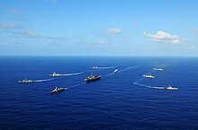 Ships of the Strike Group with the Indian Navy during Malabar 2011 US Navy 110410-N-IC111-115 The aircraft carrier USS Ronald Reagan (CVN 76) and ships from the Ronald Reagan Carrier Strike Group and the Indian nav.jpg