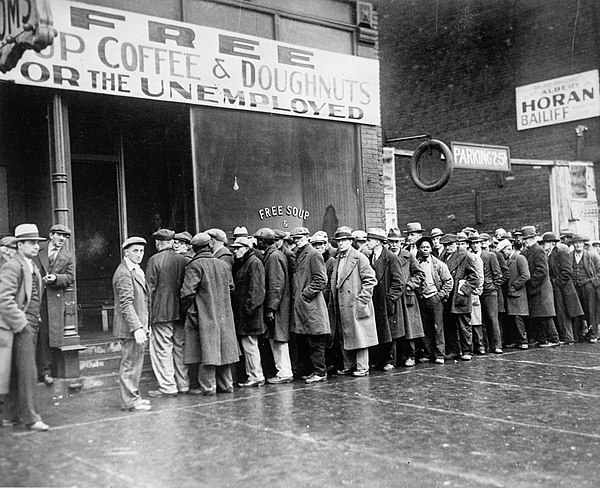 Unemployed men lined up outside a soup kitchen in Chicago.