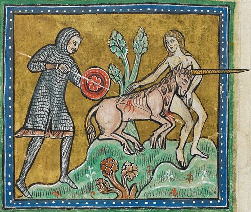 Unicorn hunt - British Library Royal 12 F xiii f10v (detail)