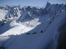 Descente de l'arête Midi-Plan depuis l'aiguille du Midi, départ de l'itinéraire de la Vallée Blanche.