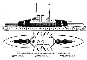 Schematics for this type of battleship; the ships mount four gun turrets, two forward and two aft