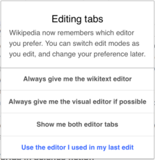 Captura de pantalla que muestra una ventana emergente que permite cambiar entre el editor de wikitexto y el editor visual