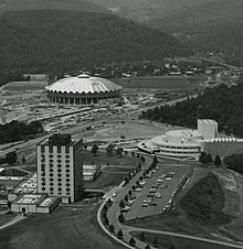 A view of the Evansdale campus and many new facilities constructed around 1970, including the iconic WVU Coliseum WVU Evansdale Campus.jpg