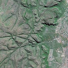 SPOT Satellite photograph of the northern Waterberg showing at right the Mogalakwena River at 900 m. The villages alongside are Kabeane, Jakkalskuil and Ga-Molekwa (also called Galakwena) in Mogalakwena Local Municipality. Waterberg SPOT 1369.jpg