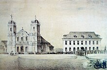 The old Matrix and the Clay Palace, the first important buildings in the city. Watercolor by Herrmann Wendroth, c. 1851. Wendroth07.jpg