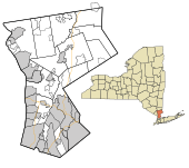 Mapon de Westchester Distrikto prezentanta la asimilitajn municipojn kaj eksterkomunumajn areojn