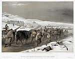 British lithograph published March 1855, shows winter military housing under construction with supplies borne on soldiers' backs. A dead horse lies by the roadside partially buried in snow