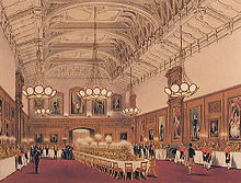 Queen Victoria and Prince Albert lead the guests into the Waterloo Chamber of Windsor Castle, c. 1844 WindsorWaterlooChamber2JosephNash edited.jpg