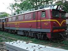 Maroon-and-gold locomotive