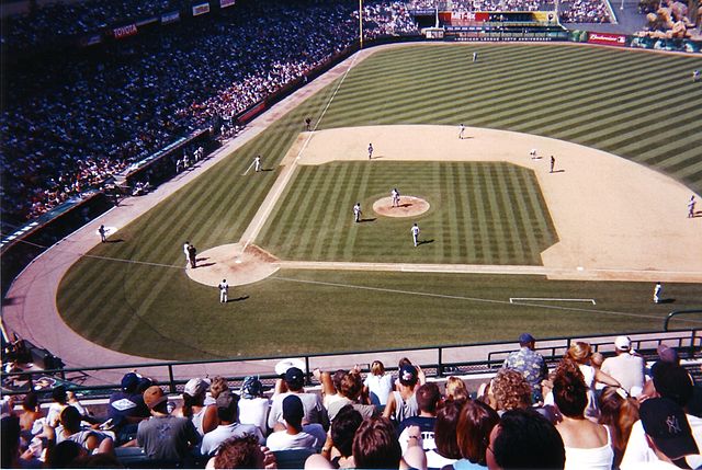 The Yankees taking the field during a late August 2001 game at Edison Field.