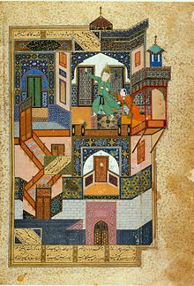Yusuf and Zulaikha (Joseph chased by Potiphar's wife), miniature by Behzad, 1488. Sa'di, Bustan, Herat. 30,5x21,5 cm. Cairo, National Library, MS. Arab Farsi 908, f. 52v. Yusef Zuleykha.jpg