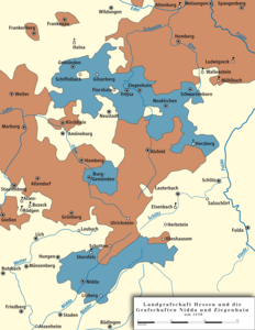 Графства Цигенхайм и Нидда (голубой) и графство Гессен (коричневое) ок. 1450 г.