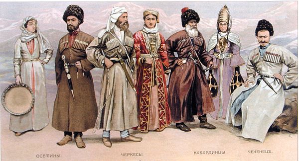 A painting depicting the Chechen, Ossetian, Circassian, and Kabardinian peoples from the Caucasus in the 19th century, with Chechens represented by th