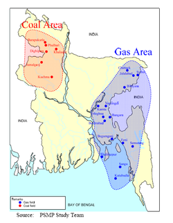 Mapa de Bangladesh, que ilustra depósitos de carbón y gas