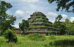 A stepped pyramid in a forest