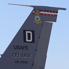 Tail of a KC-135R Stratotanker assigned to the 100th Air Refuelling Wing, displaying the badge of RAF Mildenhall and the historic 'Square D' badge as used by the unit during the Second World War 100arw-tail.jpg