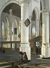 Interior of the Oude Kerk, Delft , 1650 or 1652, oil on panel medium QS:P186,Q296955;P186,Q106857709,P518,Q861259 , 48.3 × 34.6 cm (19 × 13.6 in), New York City, Metropolitan Museum of Art.