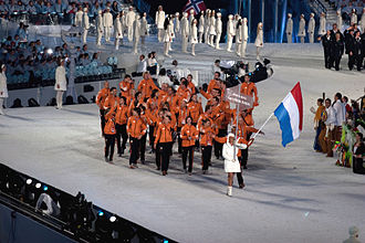 The athletes entering the stadium during the opening ceremonies. 2010 Opening Ceremony - Netherlands entering.jpg