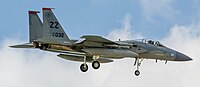 A US Air Force F-15C Eagle, tail number 81-0032, on final approach at Kadena Air Base in Okinawa, Japan.