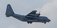 A US Air Force MC-130J Commando II, tail number 10-5714, on final approach at Kadena Air Base in Okinawa, Japan. It is assigned to the 1st Special Operations Squadron at Kadena AB.