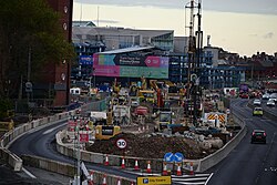 The Mytongate Underpass dig site along the A63, photographed from the Porter Street Bridge in Kingston upon Hull.