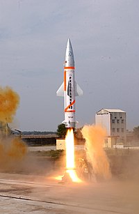 A modified Prithvi missile as the enemy target lifting off from the integrated test range at Chandipur-on-sea for the advanced air defence missile test on December 06, 2007.jpg