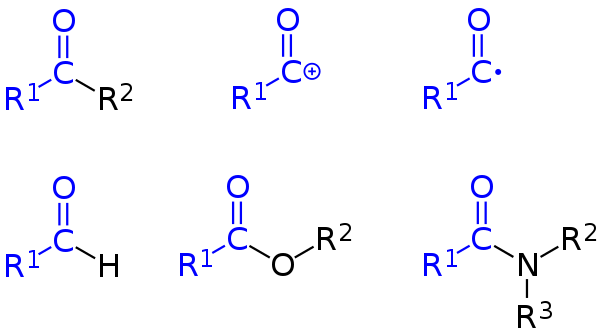 一般酰基（蓝色），酰基离子（顶部中央），酰基自由基（右上），酮（左上），醛（左下），酯（底部中央），酰胺（右下）。 （R1，R2，R3：有机取代基或氢）。