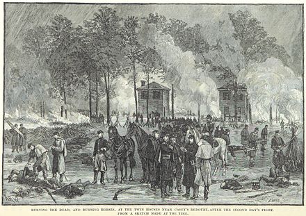 Burying the dead and burning dead horses after the battle