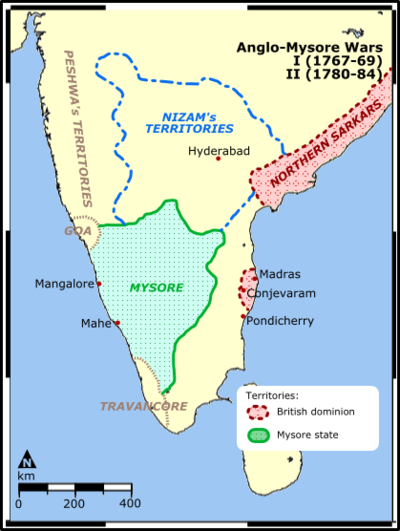 Theater map for the First and the Second Anglo-Mysore Wars