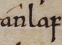 The name 'Anlaf' as it is shown in ASC C, folio 141v of British Library Cotton MS Tiberius B Anlaf (British Library Cotton MS Tiberius B I, folio 141v).jpg