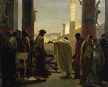 Depiction of Ecce Homo, as Pontius Pilate delivers Jesus to the crowd. Antonio Ciseri, 1862 Antonio Ciseri - Bozzetto per l'Ecce Homo.jpg