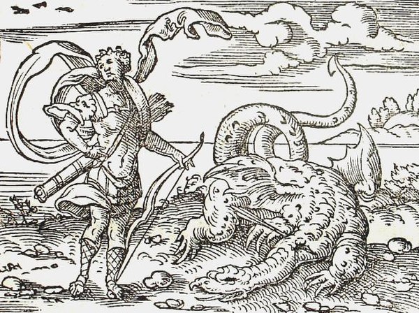 Apollo killing Python. A 1581 engraving by Virgil Solis for Ovid's Metamorphoses, Book I