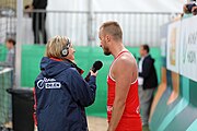 Deutsch: Beachhandball Europameisterschaften 2019 (Beach handball Euro); Tag 3: 4. Juli 2019 – Männer, Hauptrunde Gruppe II, Polen-Ukraine 2:0 (24:13, 23:22) English: Beach handball Euro; Day 3: 4 July 2019 – Men Main Round Group II – Poland-Ukraine 2:0 (24:13, 23:22)