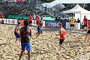 Deutsch: Beachhandball Europameisterschaften 2019 (Beach handball Euro); Tag 1: 2. Juli 2019 – Männer, Vorrunde Gruppe D, Frankreich-Montenegro 2:0 (19:7, 18:9) English: Beach handball Euro; Day 1: 2 July 2019 – Men Preliminary Round Group D – France-Montenegro 2:0 (19:7, 18:9)