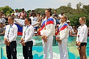 Deutsch: Beachvolleyball bei den Olympischen Jugendspielen 2018; Tag 11, 17. Oktober 2018; Mädchen, Medaillenzeremonie - Gold: Russland (Maria Woronina & Maria Botscharow), Silber: Italien (Claudia Scampoli & Nicol Bertozzi), Bronze: Norwegen (Emilie Olimstad & Frida Berntsen) English: Beach volleyball at the 2018 Summer Youth Olympics at 17 October 2018 – Girls Victory ceremony - Gold: Russia (Maria Voronina & Maria Bocharov), Silber: Italy (Claudia Scampoli & Nicol Bertozzi), Bronze: Norway (Emilie Olimstad & Frida Berntsen)