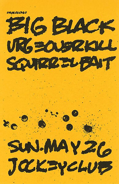 A flyer designed by Albini for a show with Big Black, Urge Overkill, and Squirrel Bait at the Jockey Club in Newport, Kentucky on May 26, 1985